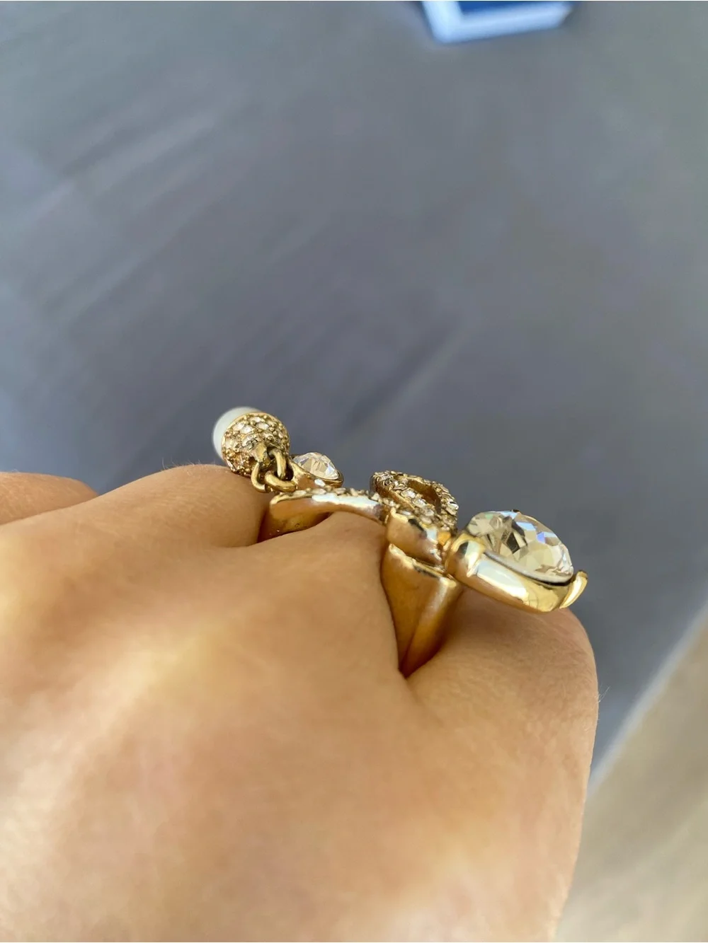 Oscar de la Renta Gold Crystal Bow Ring with Pearl Drop